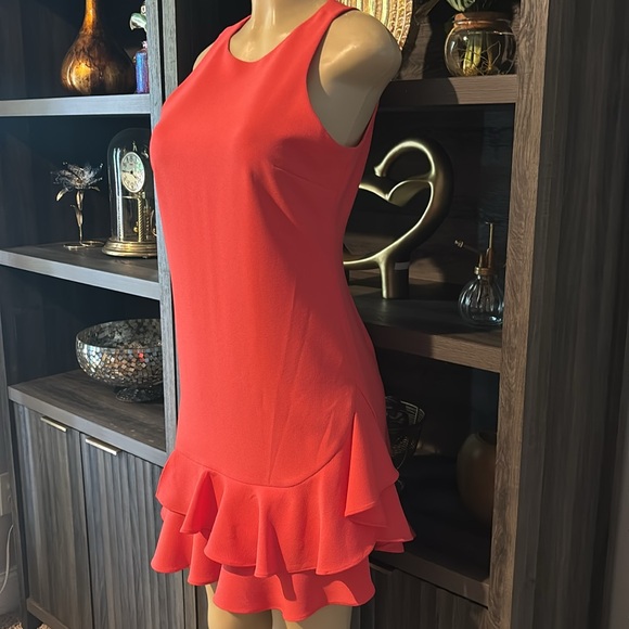 Chelsea28 Tiered Ruffle Hem Sheath Dress in Coral Spice -  size 6 - Picture 5 of 7